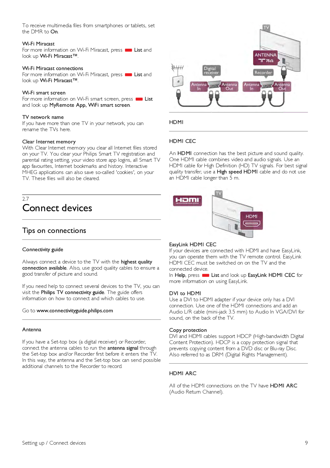 Philips 60PFL8708 manual Connect devices, Tips on connections, Hdmi Hdmi CEC, Hdmi ARC 