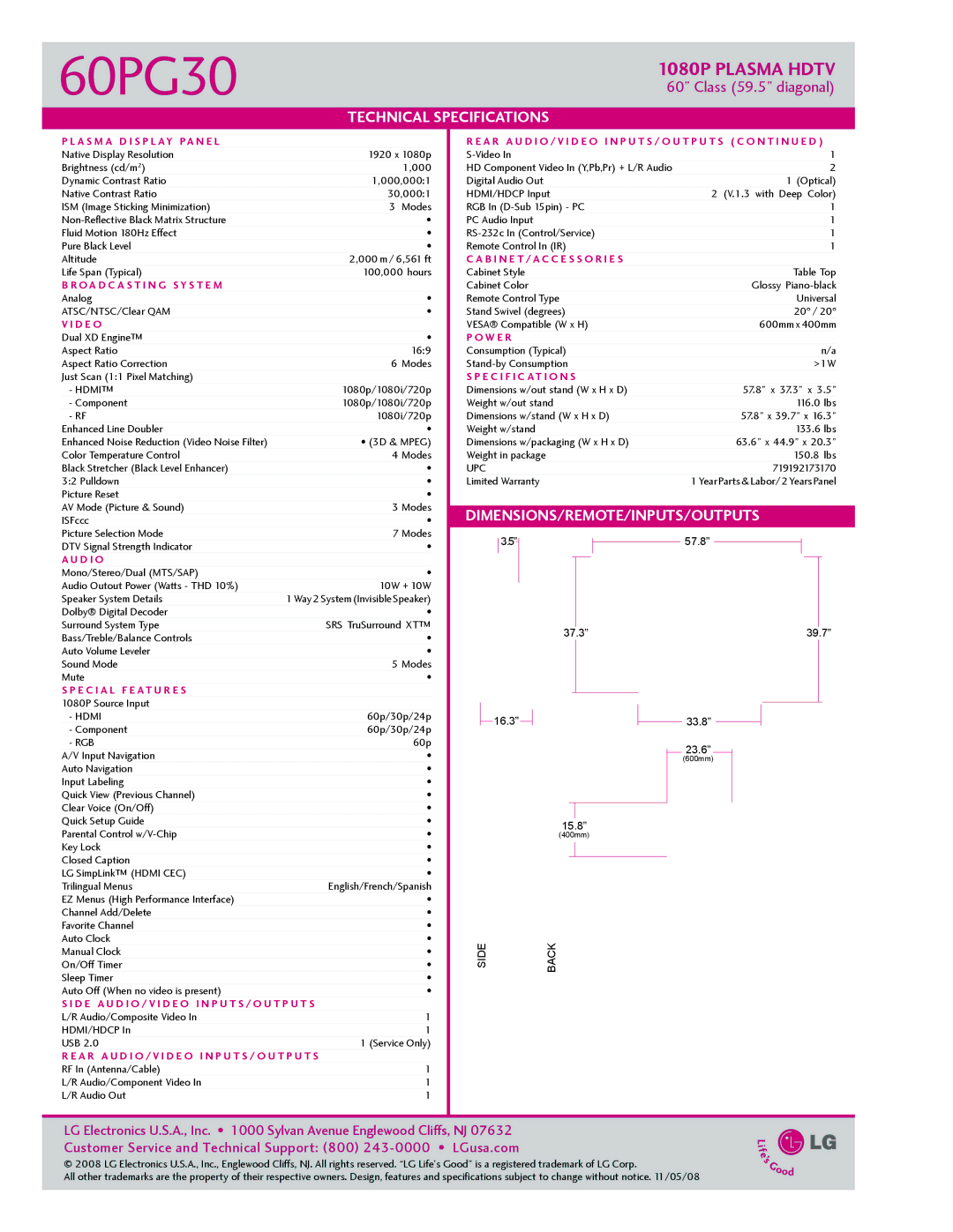 Philips 60PG30 manual Technical Specifications, Dimensions/Remote/Inputs/Outputs 