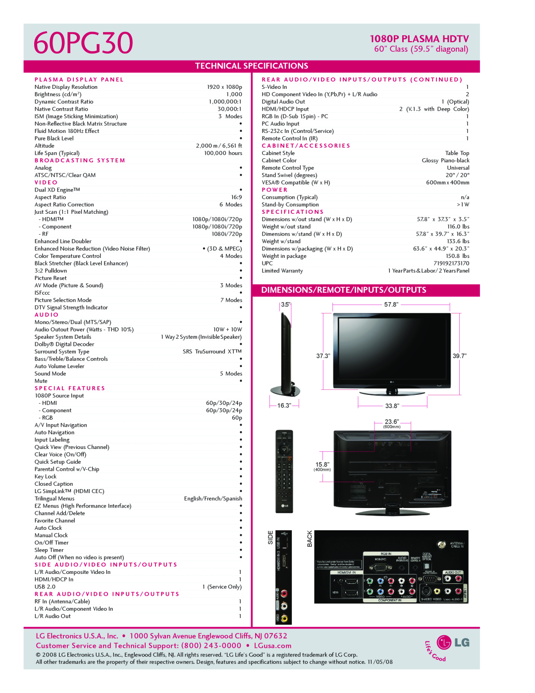 Philips 60PG30 manual LG Electronics U.S.A., Inc. 1000 Sylvan Avenue Englewood Cliffs, NJ, 1080P PLASMA HDTV, Technical 