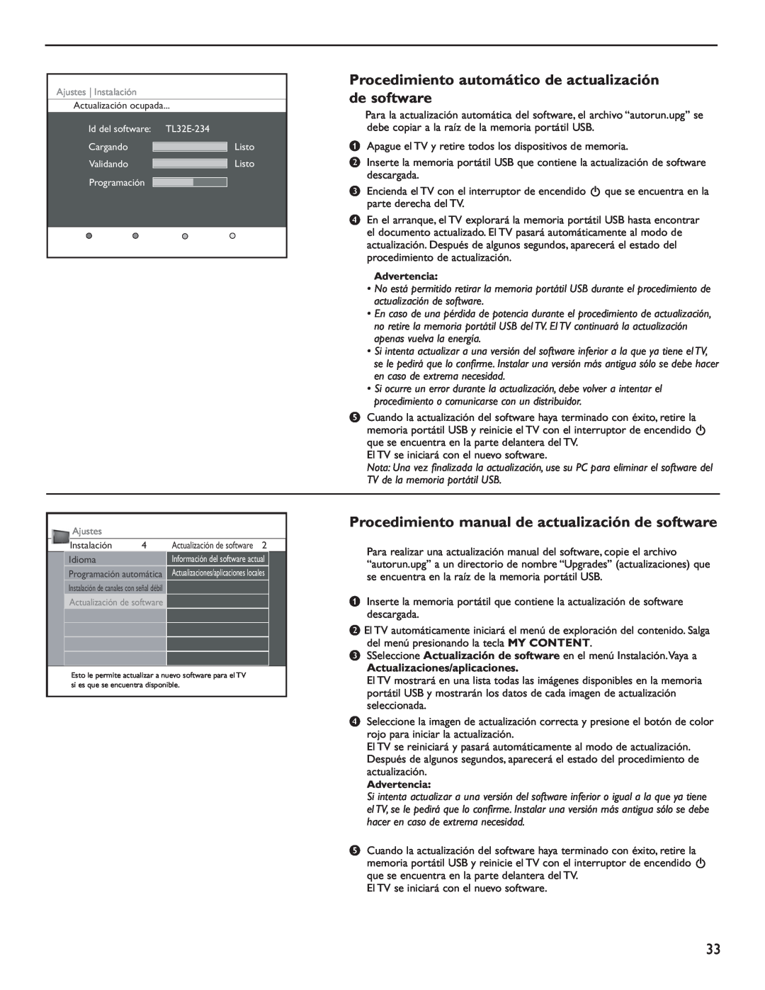Philips 60PL9220D Procedimiento automático de actualización de software, Procedimiento manual de actualización de software 