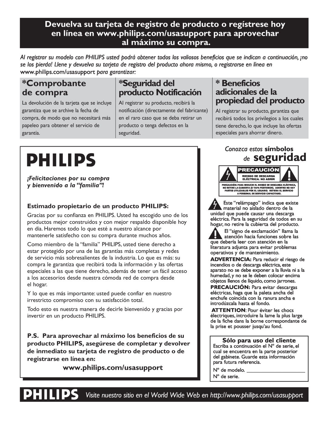 Philips 60PL9220D Devuelva su tarjeta de registro de producto o regístrese hoy, al máximo su compra, de seguridad 
