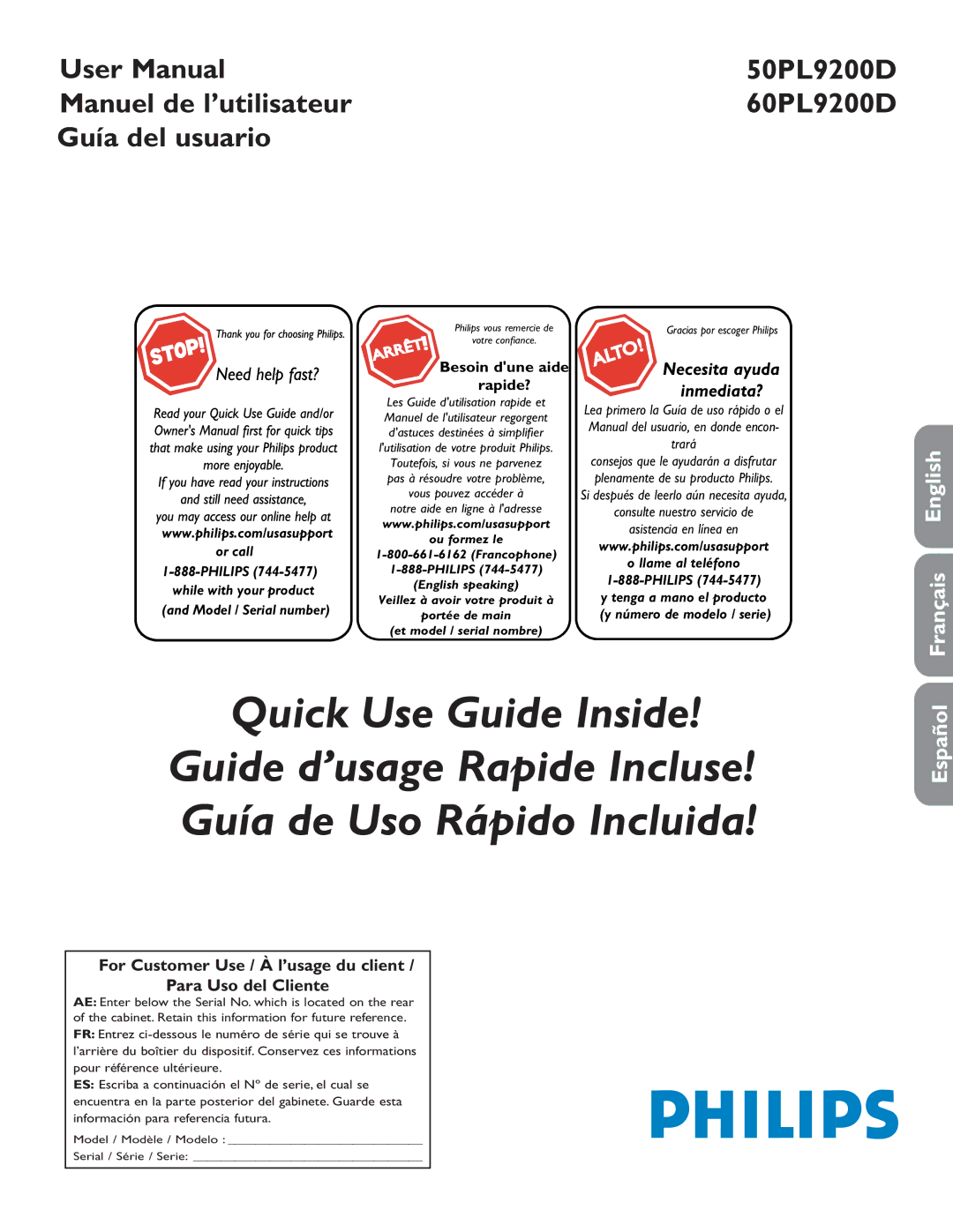 Philips 50PL9200D, 60PL9200D user manual Français English, Español 