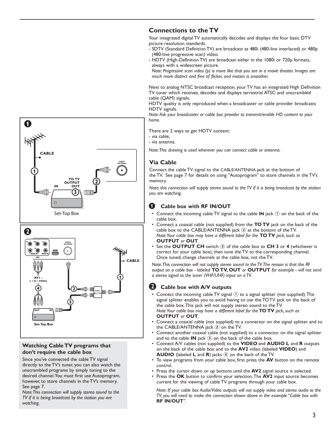 Philips 50PL9200D, 60PL9200D Connections to the TV, Via Cable, Watching Cable TV programs that don’t require the cable box 