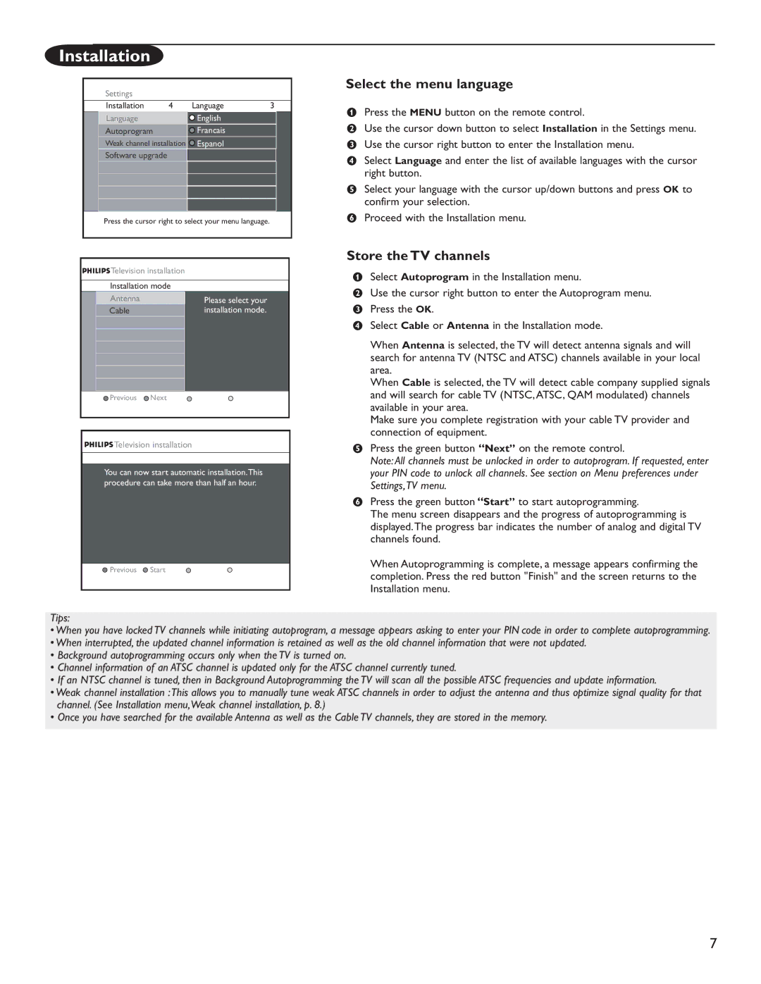 Philips 50PL9200D, 60PL9200D user manual Installation, Select the menu language, Store the TV channels 