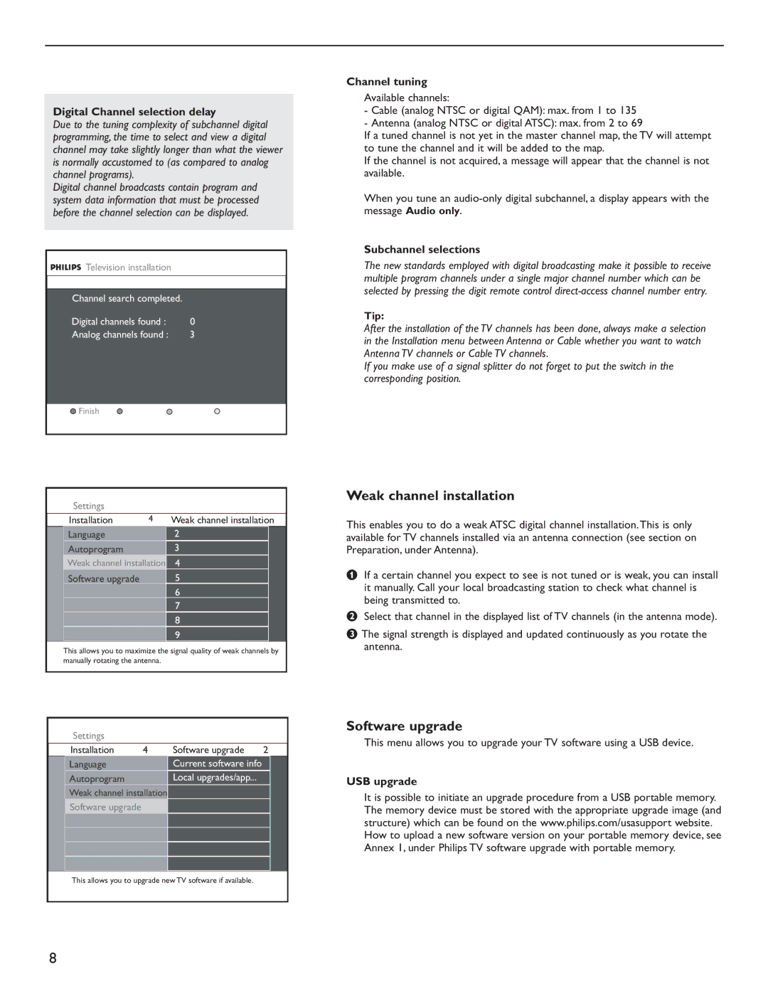 Philips 60PL9200D, 50PL9200D user manual Weak channel installation, Software upgrade 