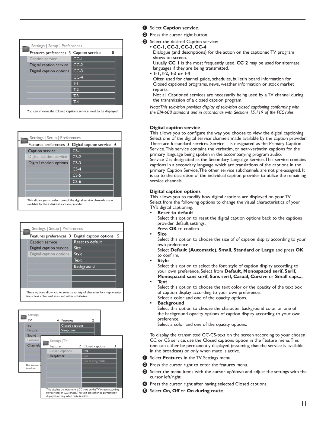 Philips 50PL9200D Select Caption service, CC-1, CC-2, CC-3, CC-4, T-2,T-3 or T-4, Digital caption service, Size, Text 