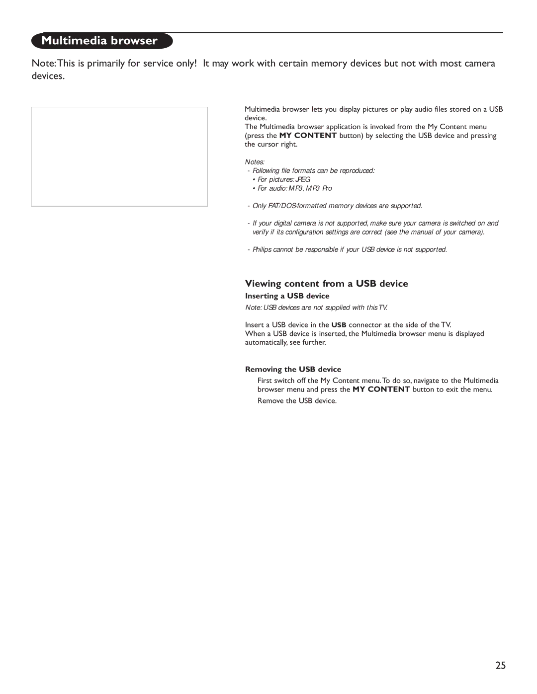 Philips 50PL9200D Multimedia browser, Viewing content from a USB device, Inserting a USB device, Removing the USB device 