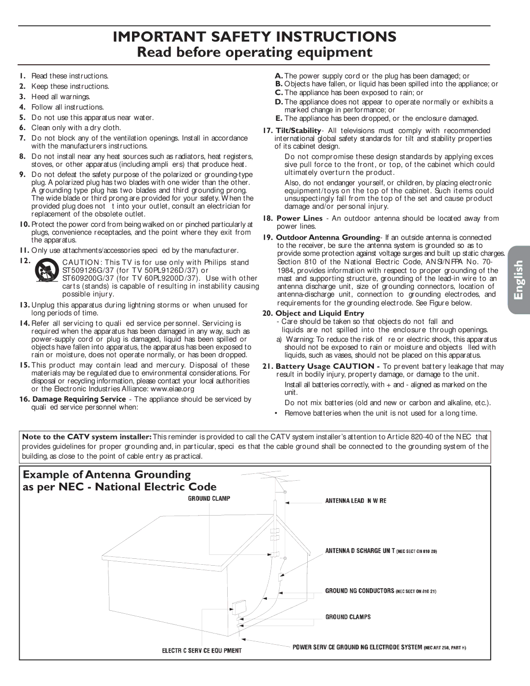 Philips 50PL9200D, 60PL9200D user manual English, Object and Liquid Entry 