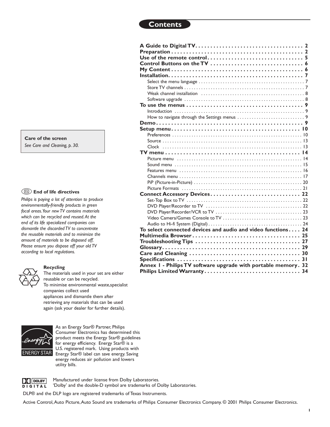 Philips 50PL9200D, 60PL9200D user manual Contents 