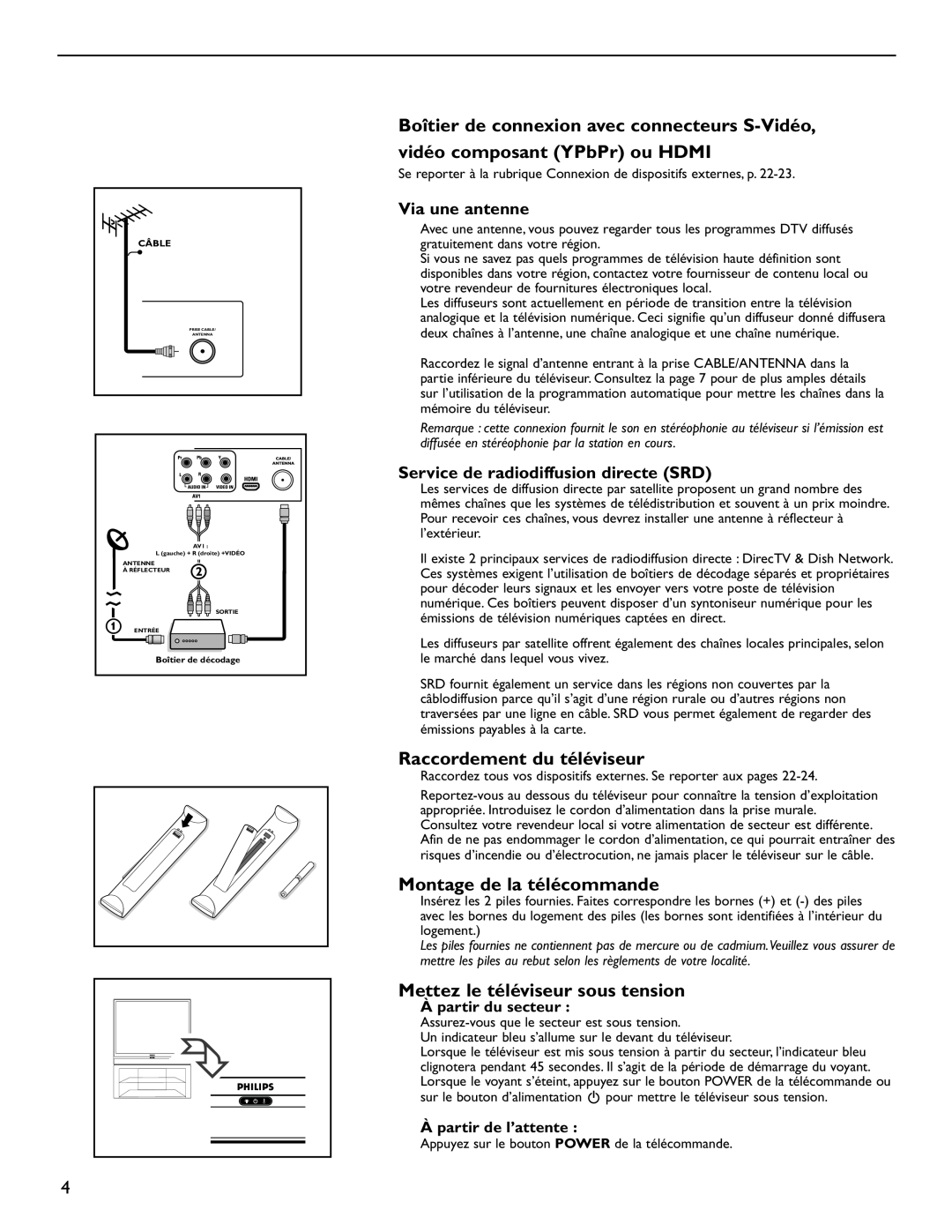 Philips 60PL9220D user manual Raccordement du téléviseur, Montage de la télécommande, Mettez le téléviseur sous tension 