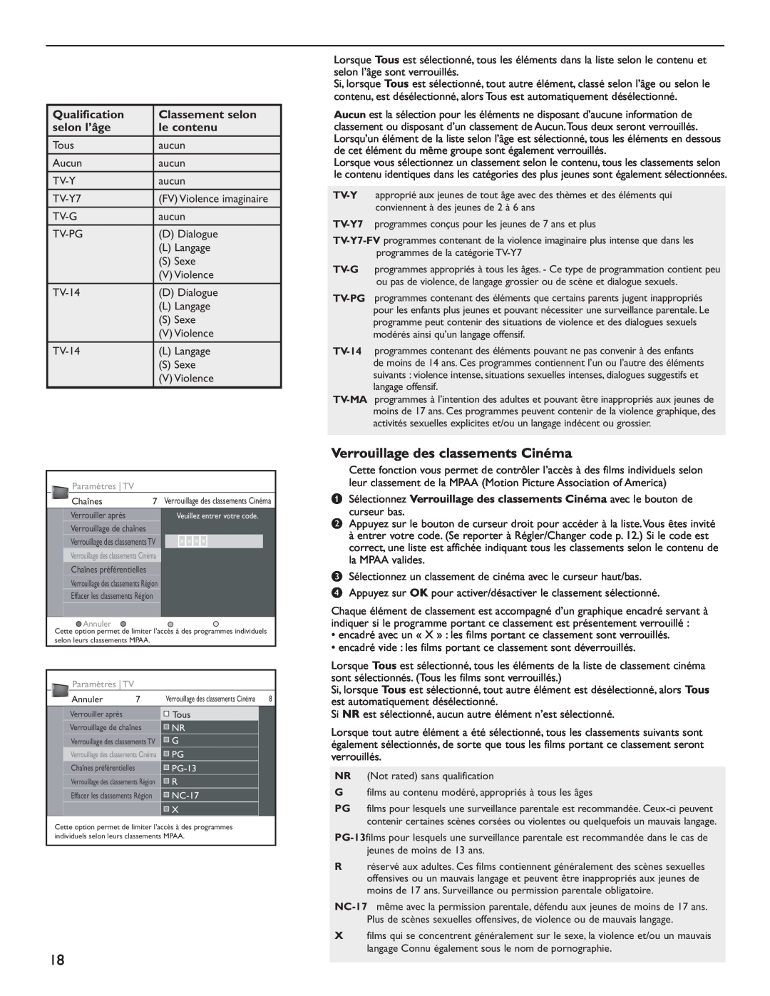 Philips 60PL9220D user manual Verrouillage des classements Cinéma, Qualification, Classement selon, selon l’âge, le contenu 