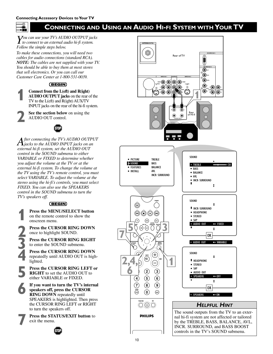 Philips 60PP 9352, 55PP 9352 manual Connecting and Using AN Audio HI-FI System with Your TV, Connect from the Left and Right 