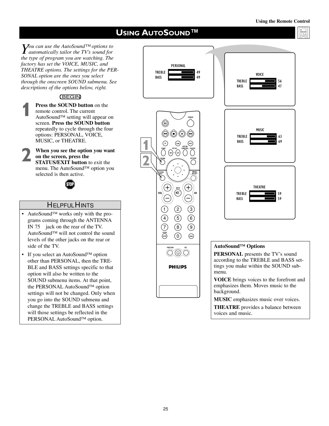 Philips 55PP 9352, 60PP 9352 manual Using Autosound, AutoSound Options 