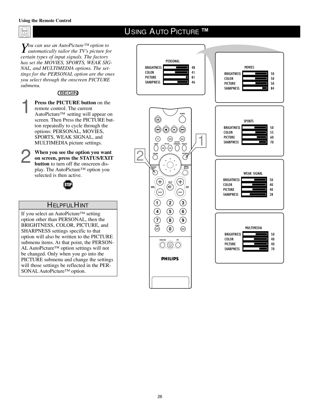 Philips 60PP 9352, 55PP 9352 manual Using Autopicture, Color Picture 