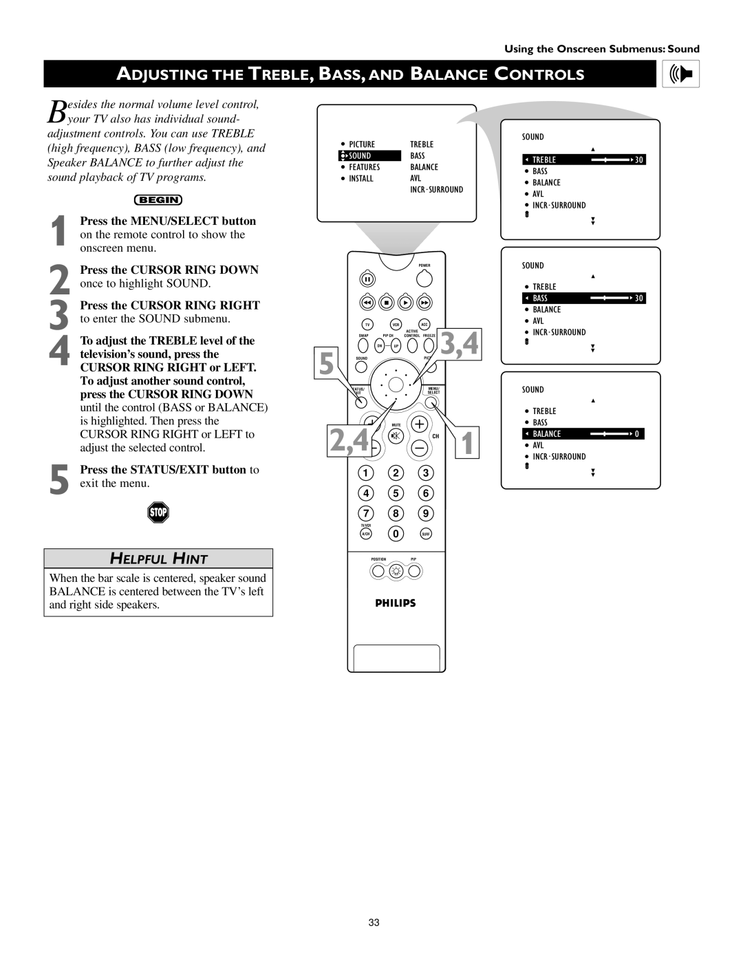 Philips 55PP 9352, 60PP 9352 manual Adjusting the TREBLE, BASS, and Balance Controls 