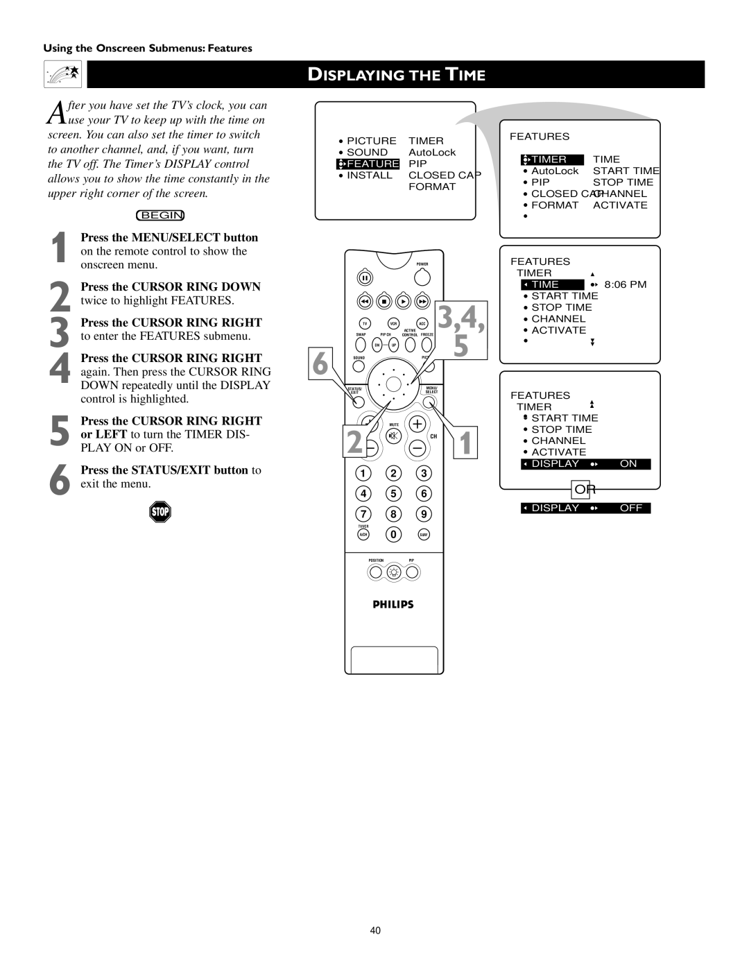 Philips 60PP 9352, 55PP 9352 manual Displaying the Time 