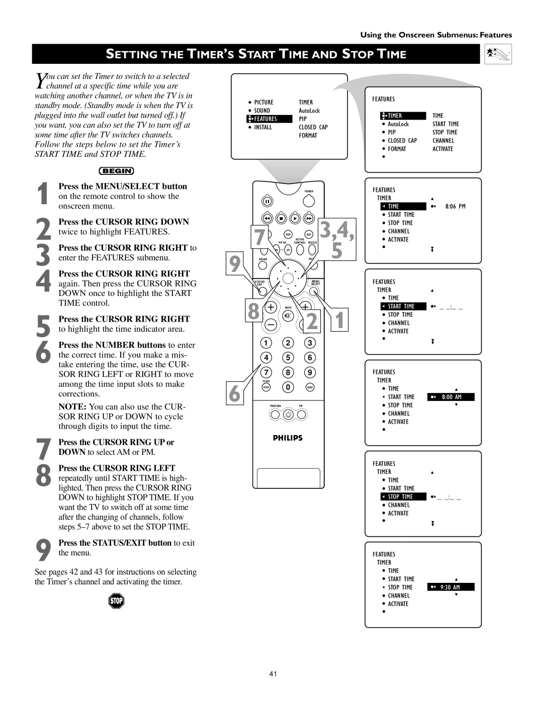 Philips 55PP 9352, 60PP 9352 manual Setting the TIMER’S Start Time and Stop Time 