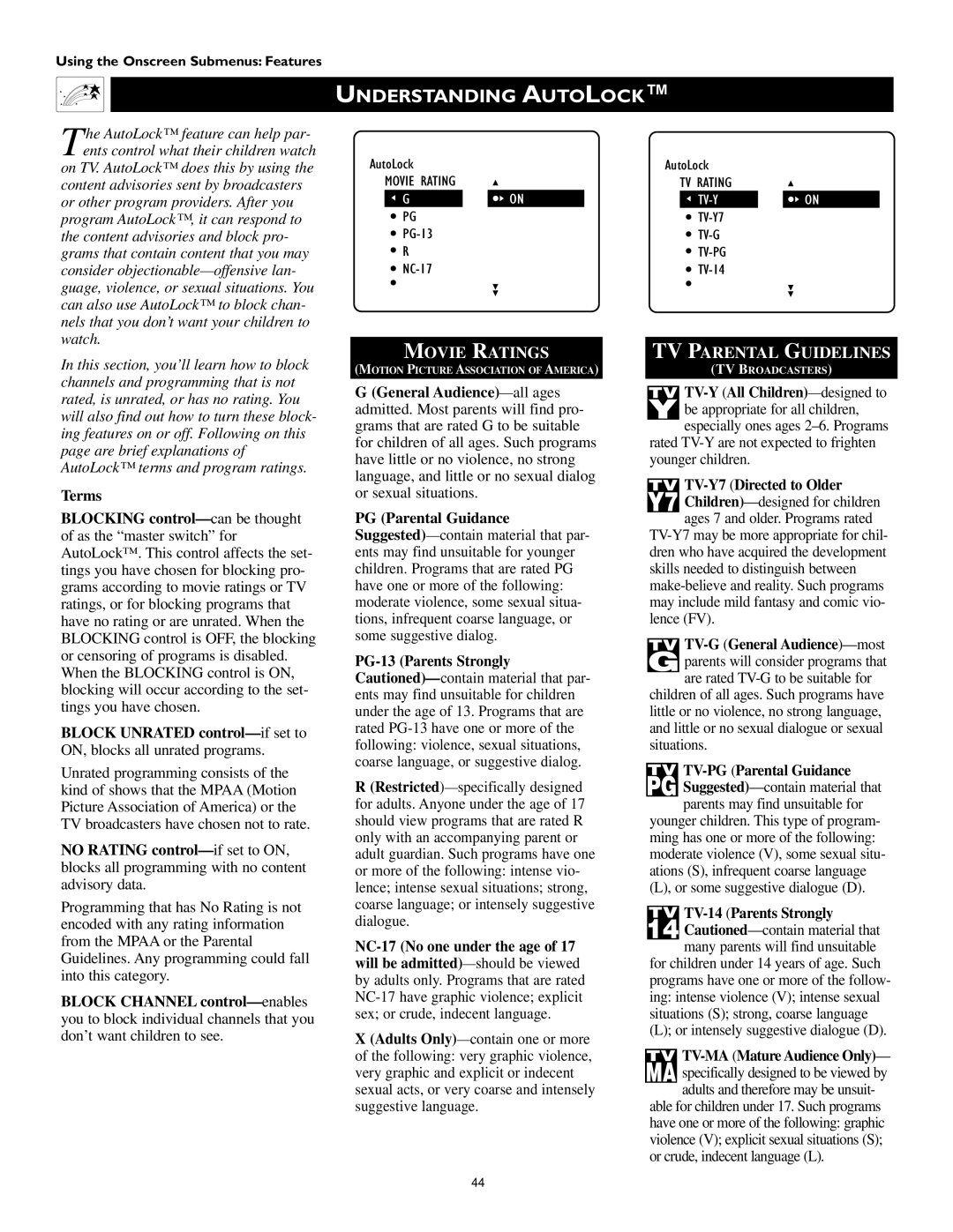 Philips 60PP 9352, 55PP 9352 manual Understanding Autolock, Terms, PG-13 Parents Strongly, TV TV-Y7 Directed to Older 