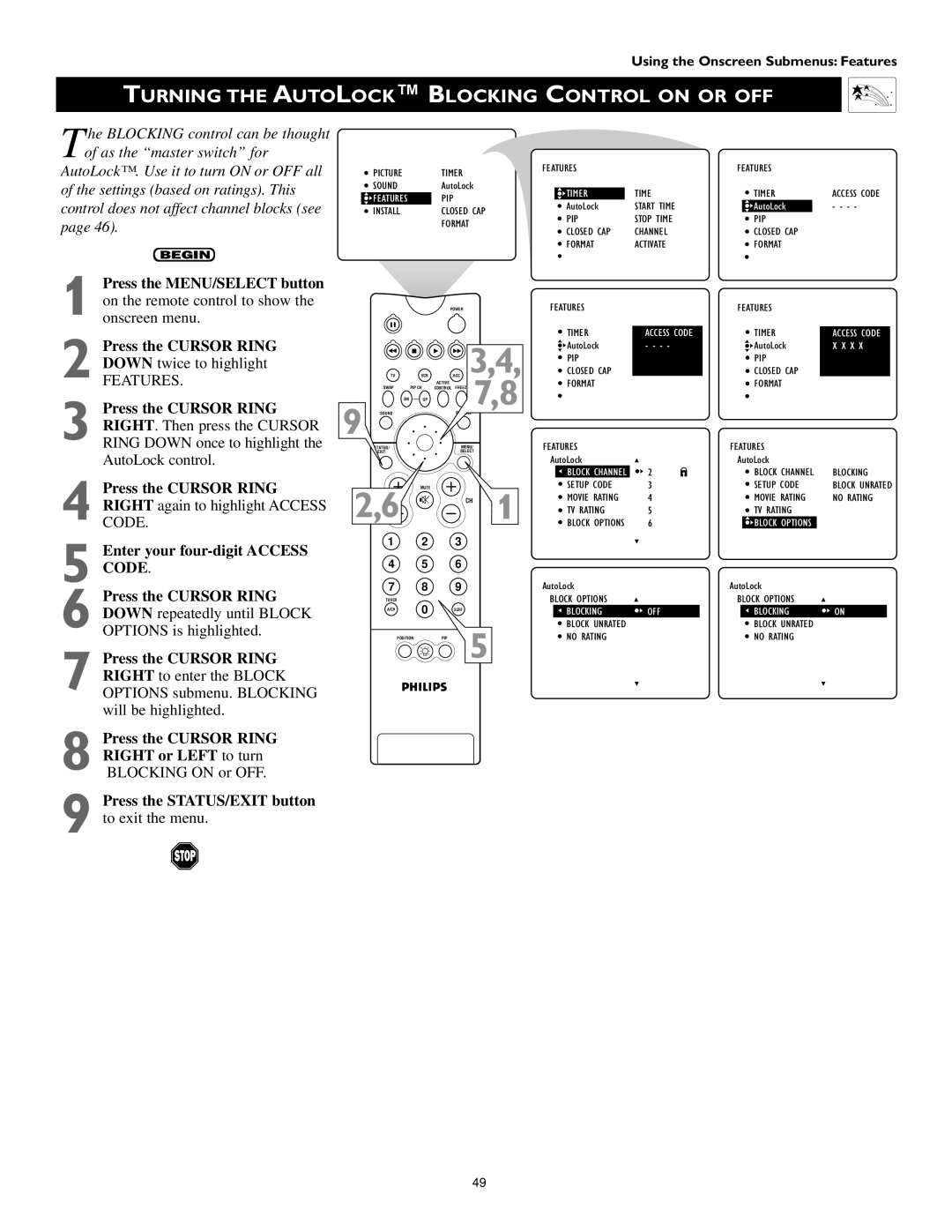 Philips 55PP 9352, 60PP 9352 Turning the Autolock Blocking Control on or OFF, Control does not affect channel blocks see 