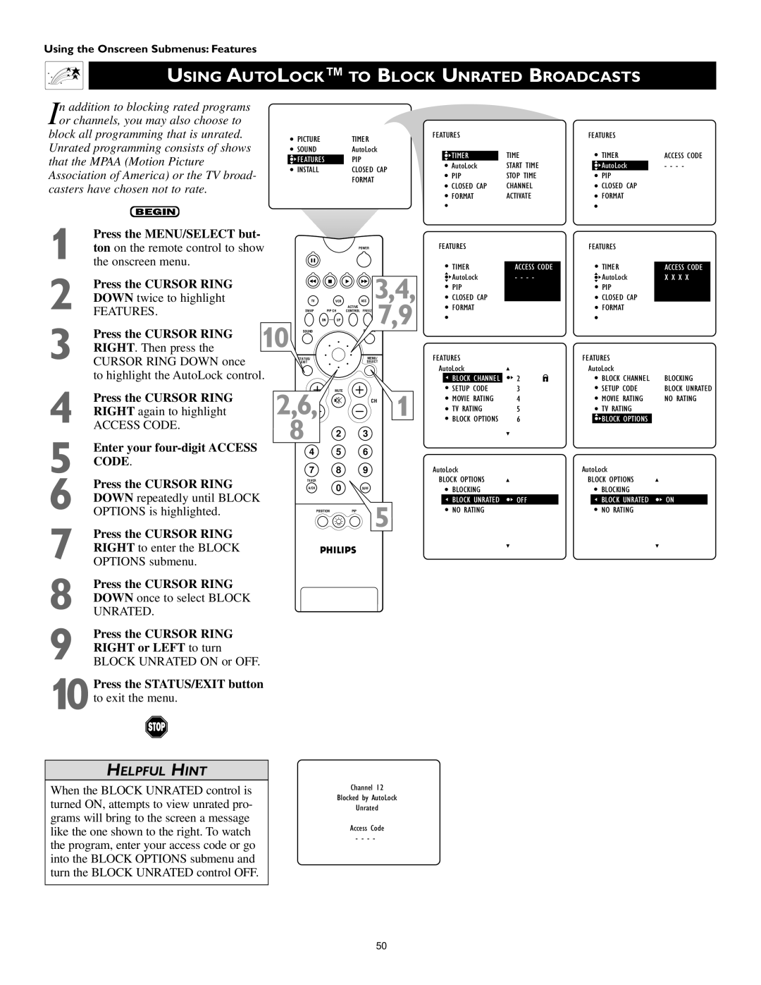 Philips 60PP 9352, 55PP 9352 manual Using Autolock to Block Unrated Broadcasts 