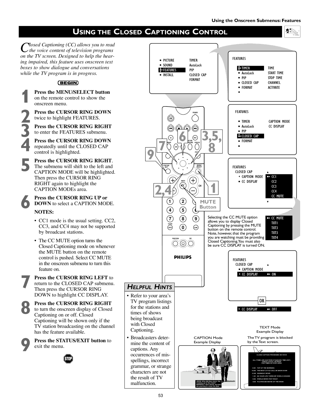 Philips 55PP 9352, 60PP 9352 manual Using the Closed Captioning Control, Mute 