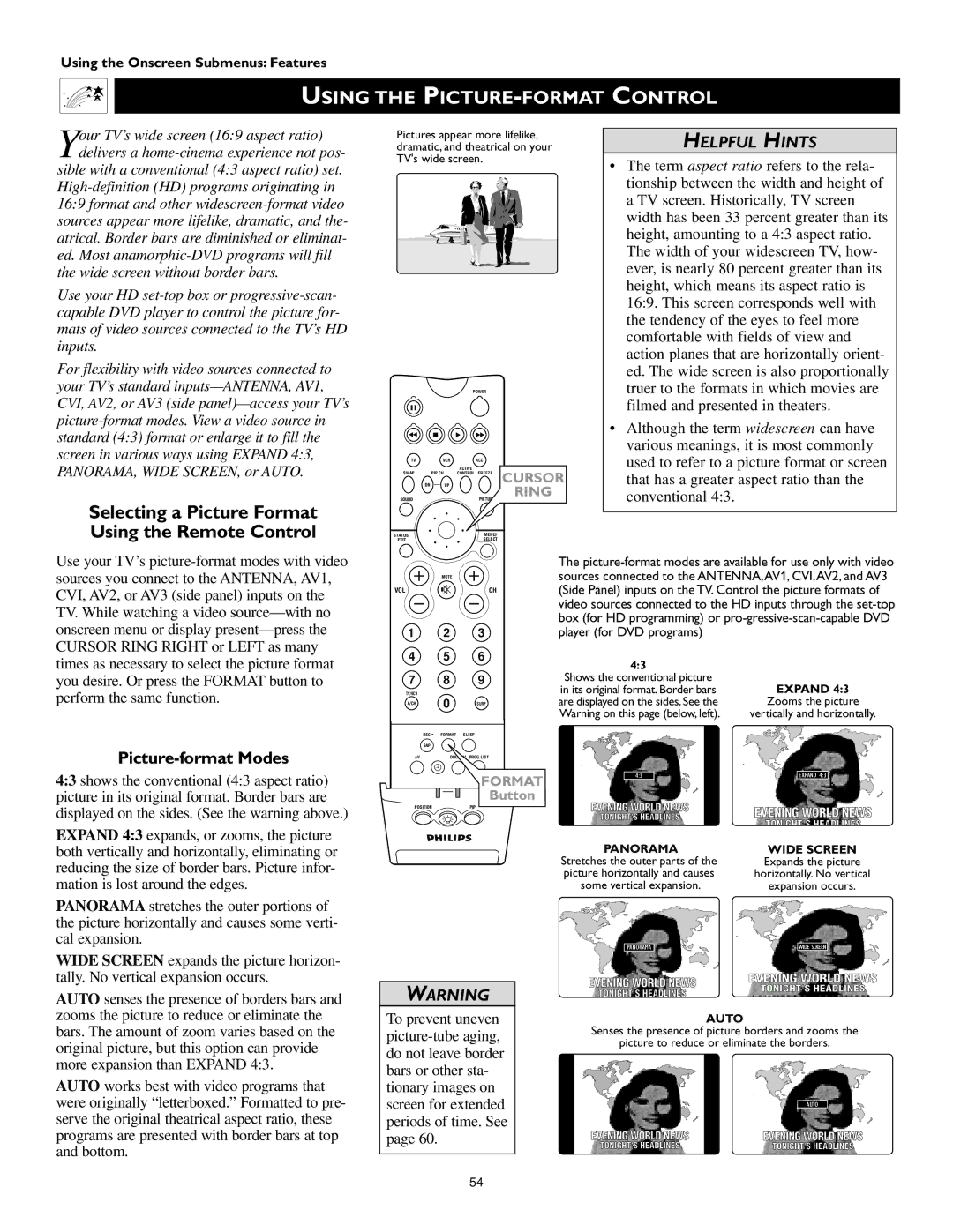 Philips 60PP 9352, 55PP 9352 manual Using the PICTURE-FORMAT Control, Selecting a Picture Format Using the Remote Control 