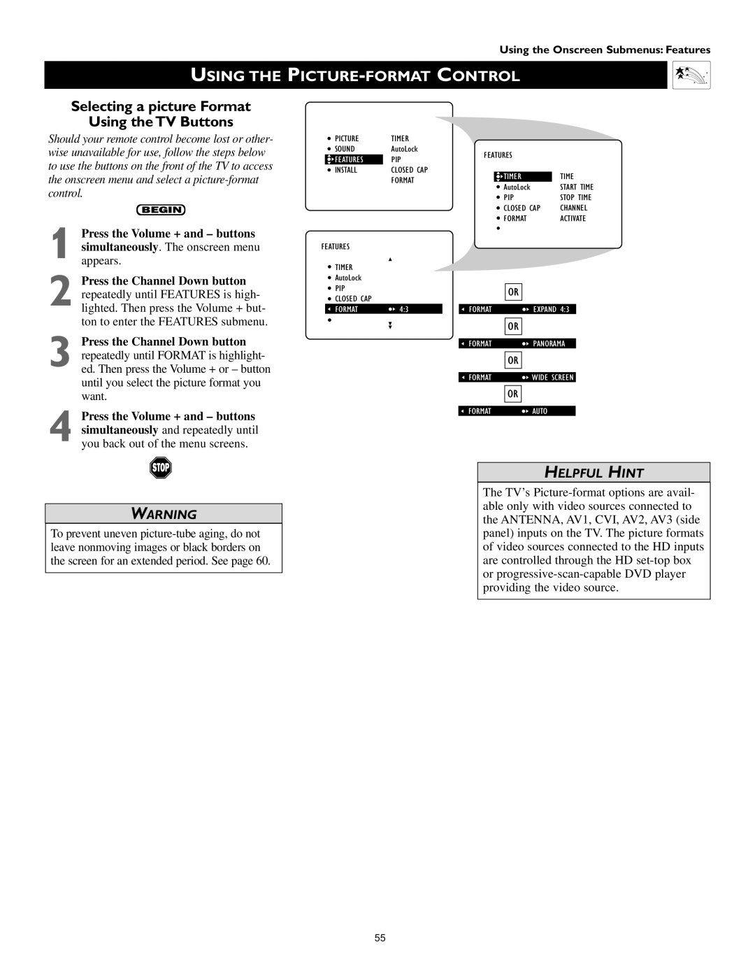 Philips 55PP 9352, 60PP 9352 manual Selecting a picture Format Using the TV Buttons 