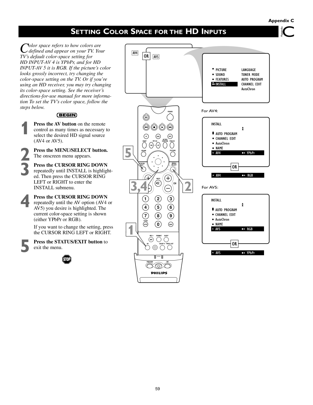 Philips 55PP 9352, 60PP 9352 manual Setting Color Space for the HD Inputs, Install 