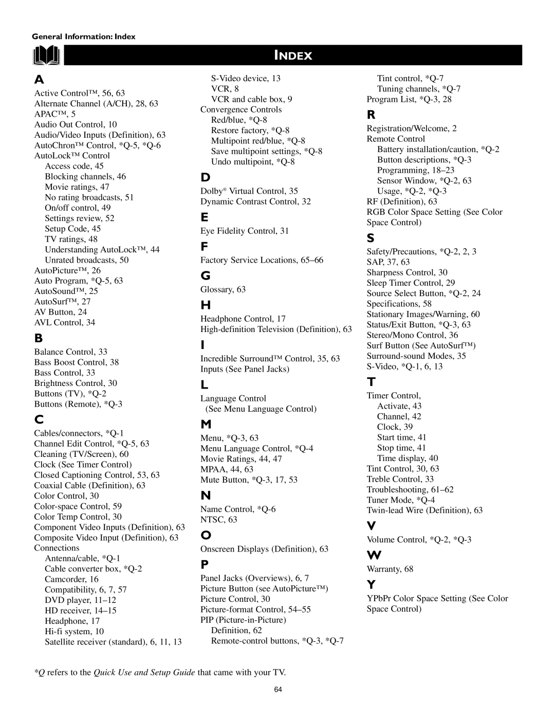 Philips 60PP 9352, 55PP 9352 manual Index 