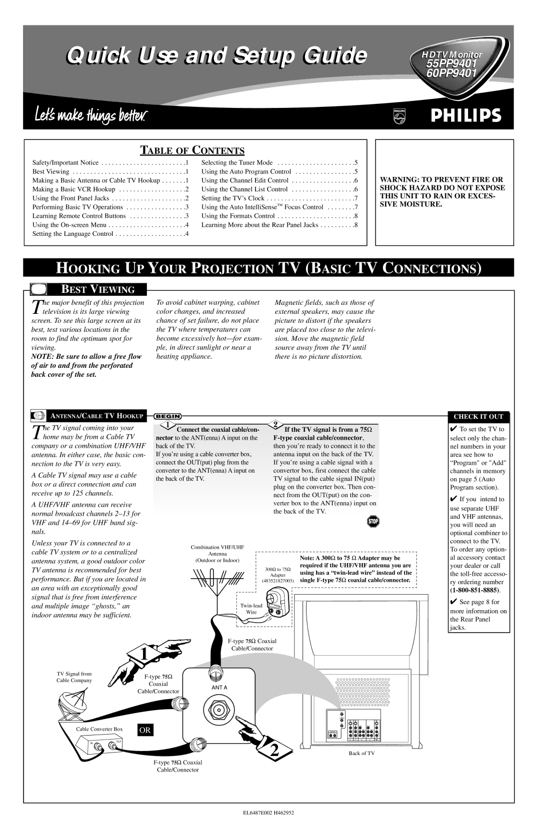 Philips 55PP9401, 60PP 9401 setup guide Hooking UP Your Projection TV Basic TV Connections, Best Viewing 