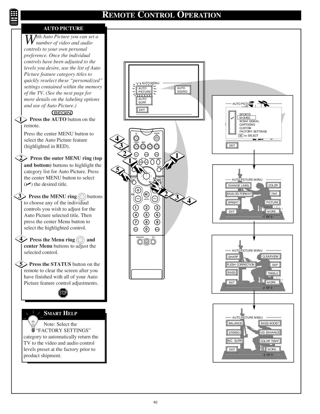 Philips 60PP 9601 manual Remote Control Operation, Auto Picture, Press the Auto button on, Press the outer Menu ring top 