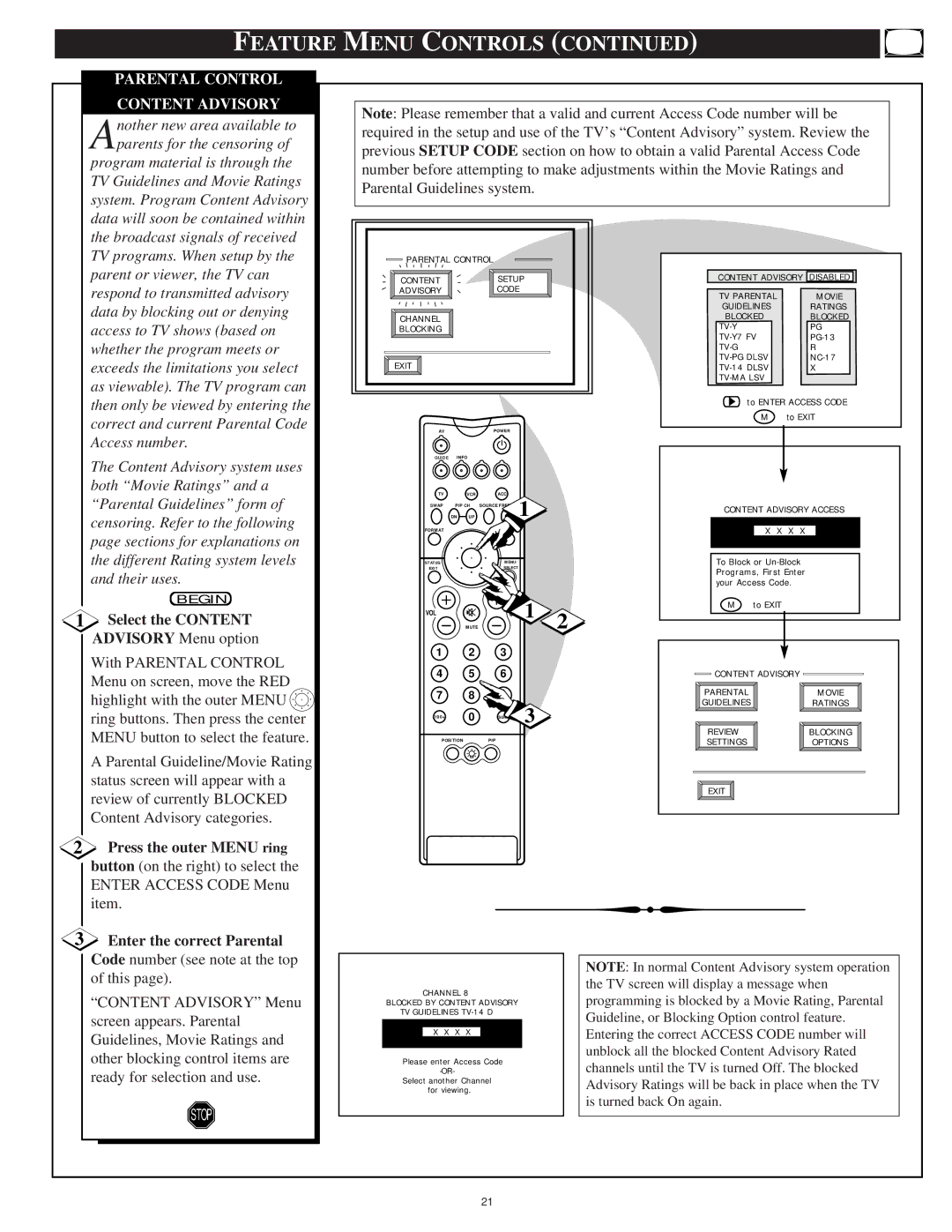 Philips 55PP 9701, 60PP9701 manual Content Advisory, Select the Content, Enter the correct Parental 