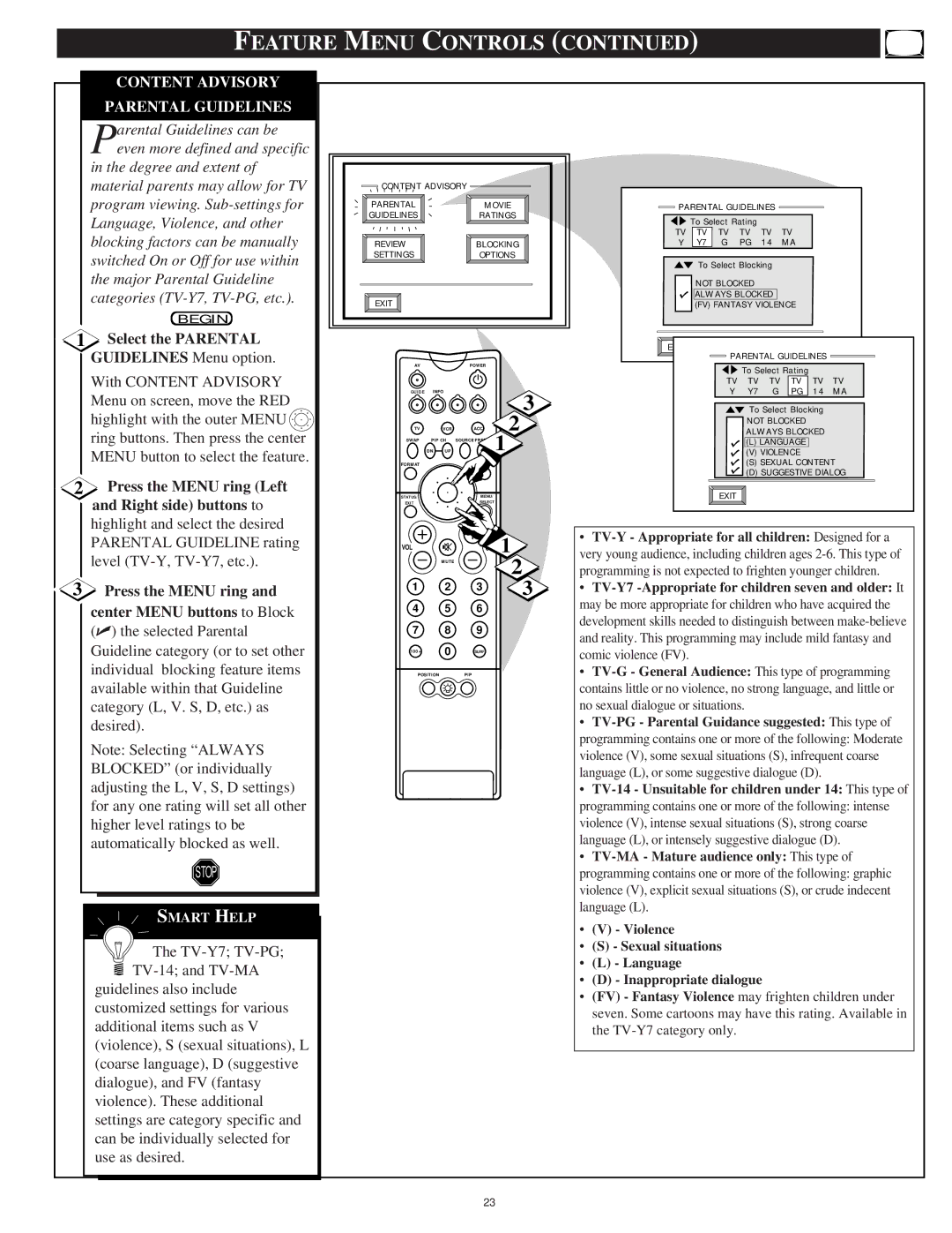 Philips 55PP 9701 manual Parental Guidelines, Press the Menu ring Left, Right side buttons to, Center Menu buttons to Block 