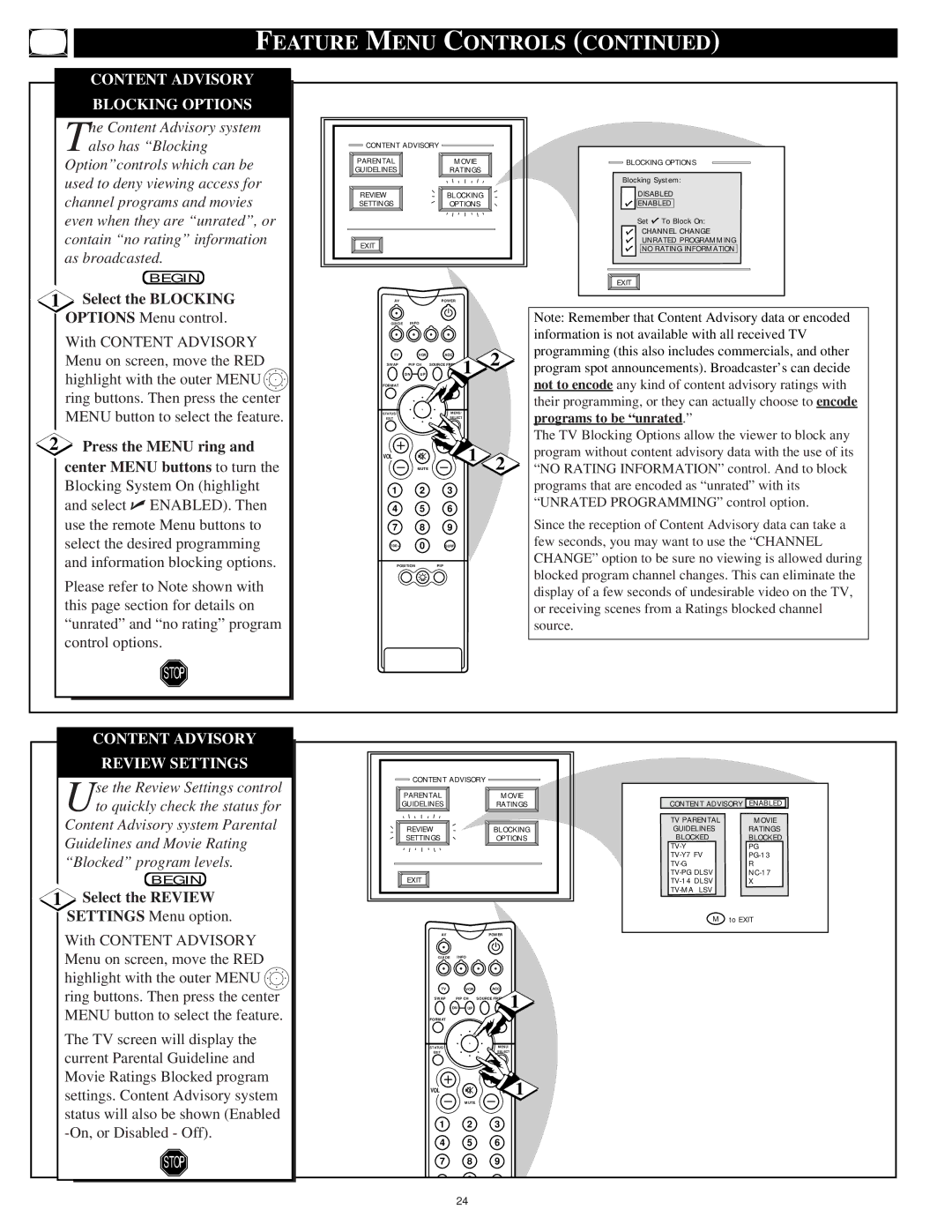 Philips 60PP9701, 55PP 9701 Content Advisory Blocking Options, Select the Blocking Options Menu control, Review Settings 