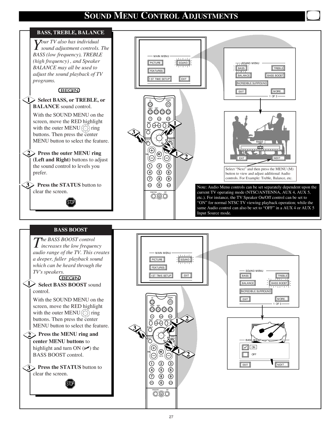 Philips 55PP 9701, 60PP9701 Sound Menu Control Adjustments, BASS, TREBLE, Balance, Select BASS, or TREBLE, or, Bass Boost 