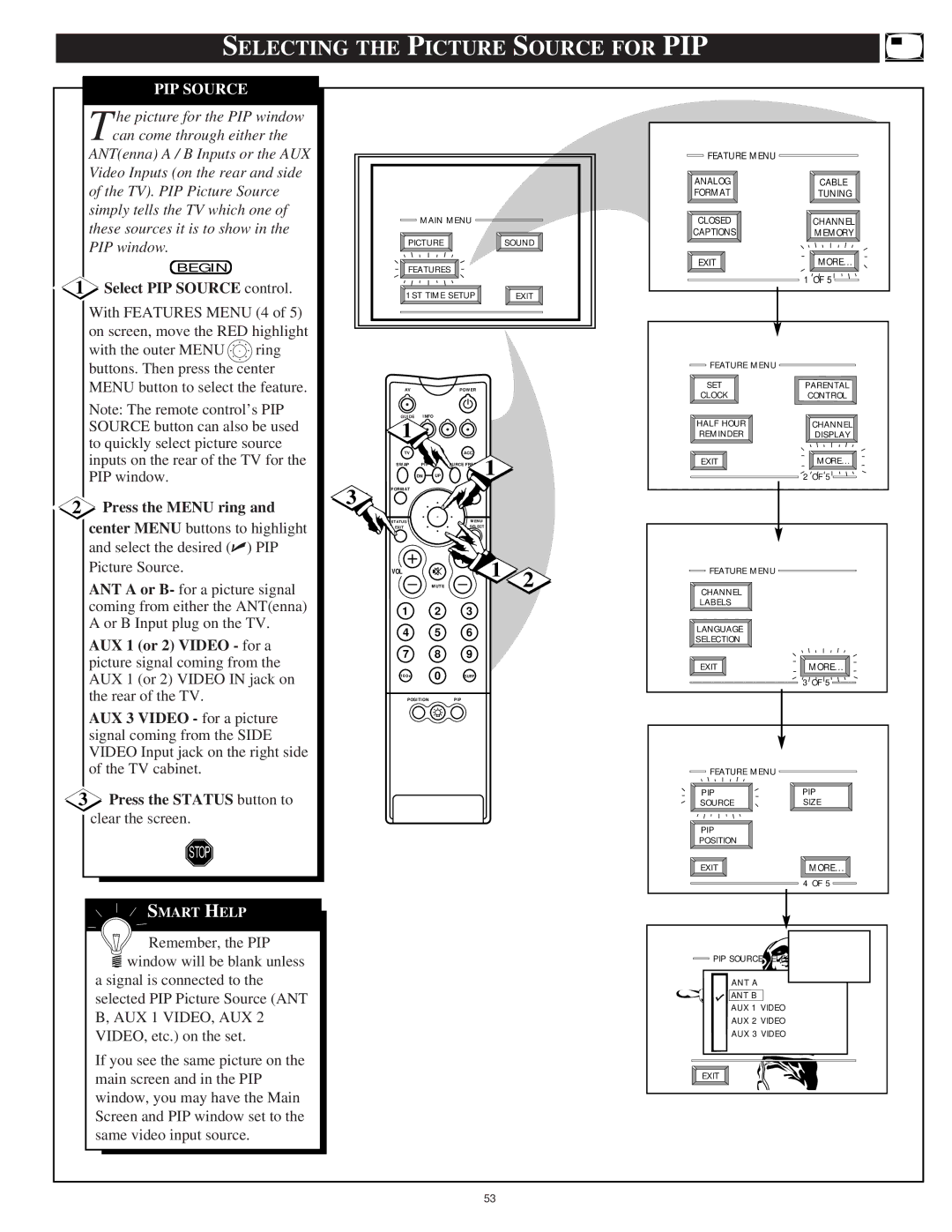 Philips 55PP 9701, 60PP9701 Selecting the Picture Source for PIP, Select PIP Source control, AUX 1 or 2 Video for a 