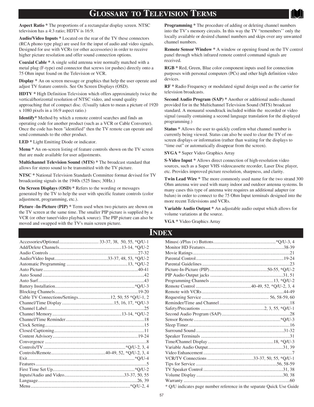 Philips 55PP 9701, 60PP9701 manual Glossary to Television Terms, Index 