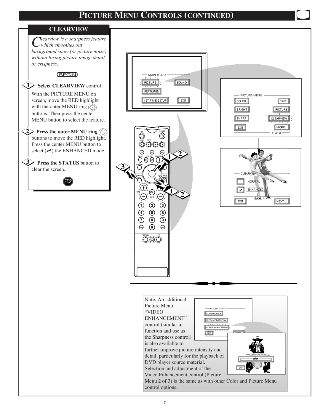 Philips 55PP 9701 Picture Menu Controls, Select Clearview control, Press the outer Menu ring, Press the Status button to 