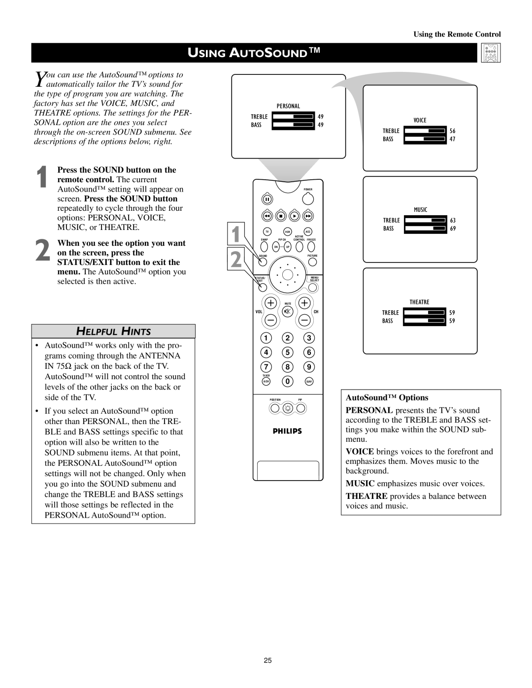 Philips 51PW9363, 60PW9363, 55PW9363 manual Using Autosound, AutoSound Options 