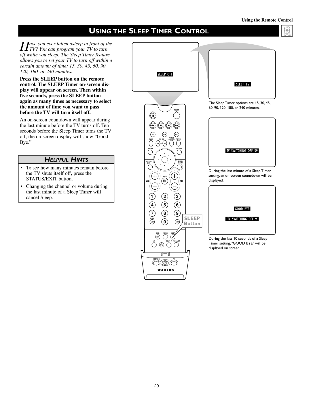 Philips 55PW9363, 60PW9363, 51PW9363 manual Using, Sleep Timer Control 