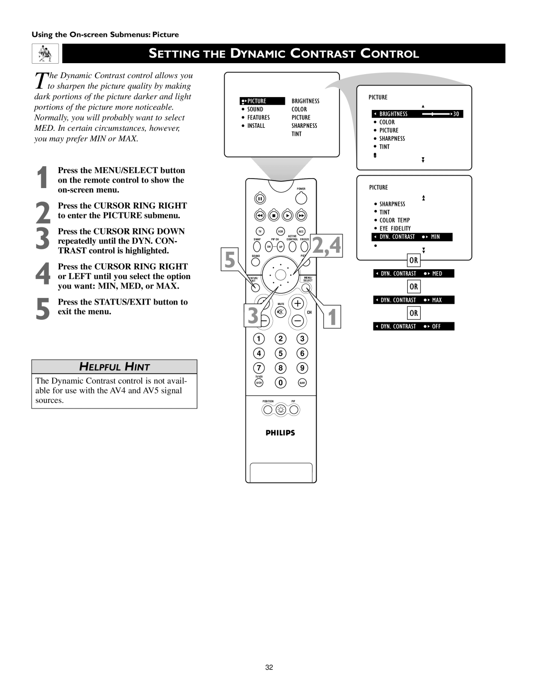 Philips 55PW9363, 60PW9363, 51PW9363 manual Setting the Dynamic Contrast Control, Min 