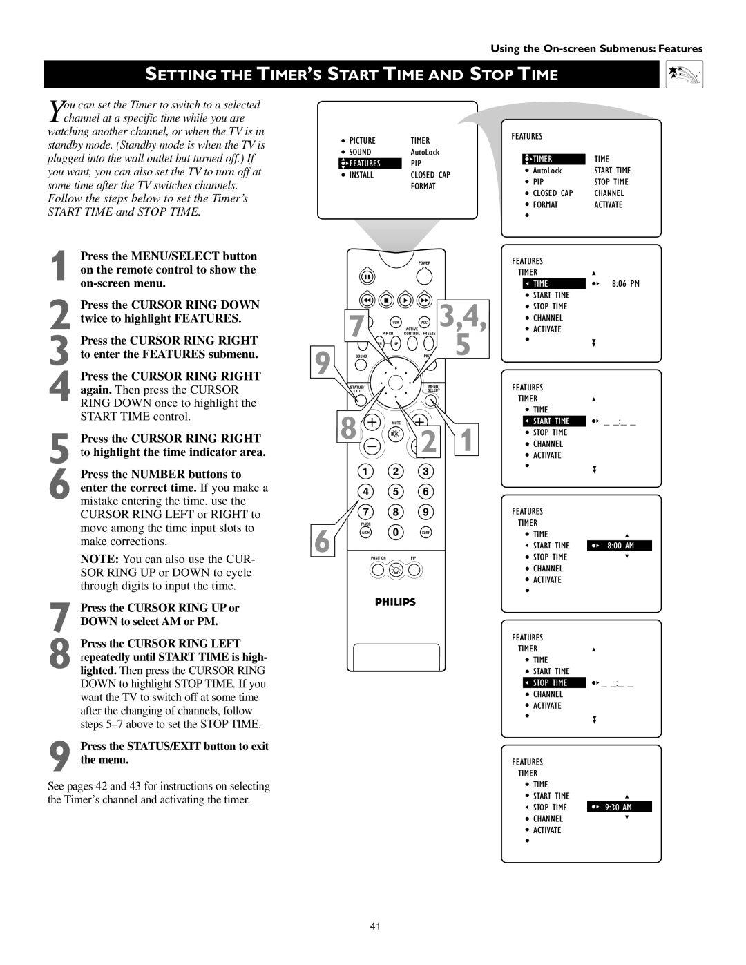 Philips 55PW9363, 60PW9363, 51PW9363 manual Setting the TIMER’S Start Time and Stop Time 