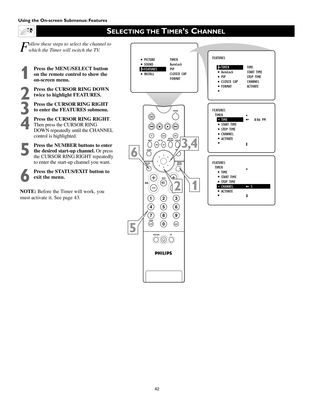 Philips 60PW9363, 51PW9363, 55PW9363 manual Selecting the TIMER’S Channel 