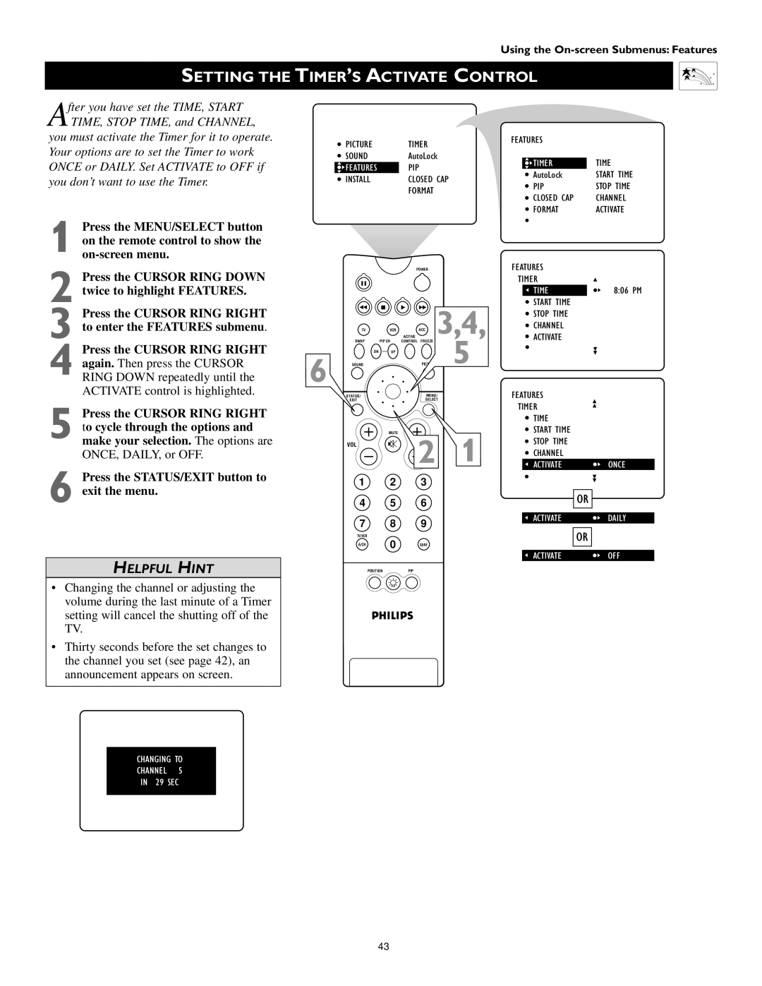 Philips 51PW9363, 60PW9363, 55PW9363 manual Setting the TIMER’S Activate Control 