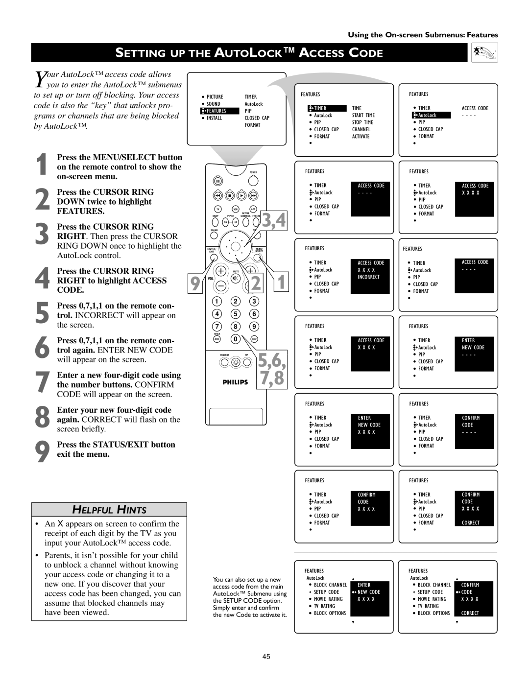 Philips 60PW9363, 51PW9363, 55PW9363 manual Setting UP the Autolock Access Code, Features 