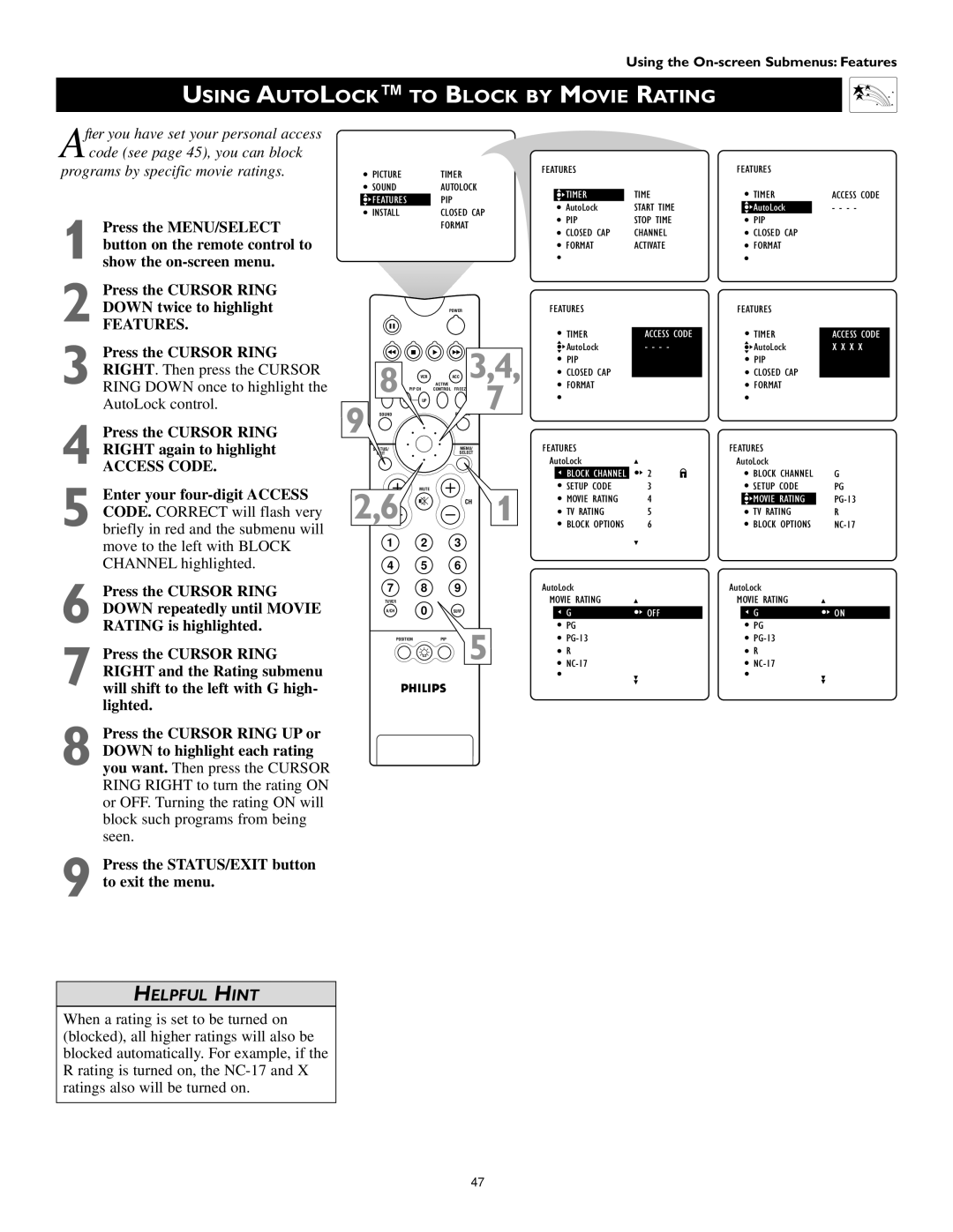 Philips 55PW9363, 60PW9363, 51PW9363 manual Using Autolock to Block by Movie Rating, Format 