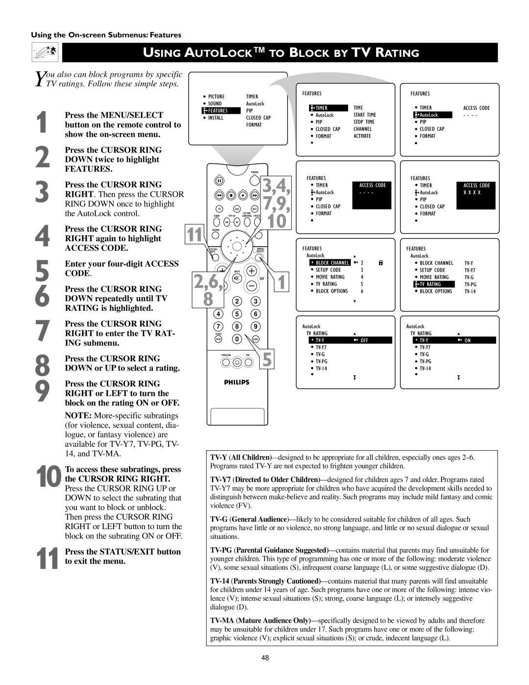 Philips 60PW9363, 51PW9363, 55PW9363 manual Using Autolock to Block by TV Rating 