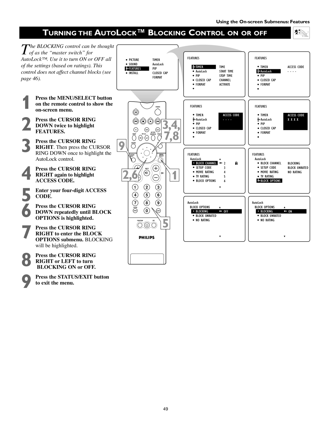 Philips 51PW9363, 60PW9363 Turning the Autolock Blocking Control on or OFF, Control does not affect channel blocks see 