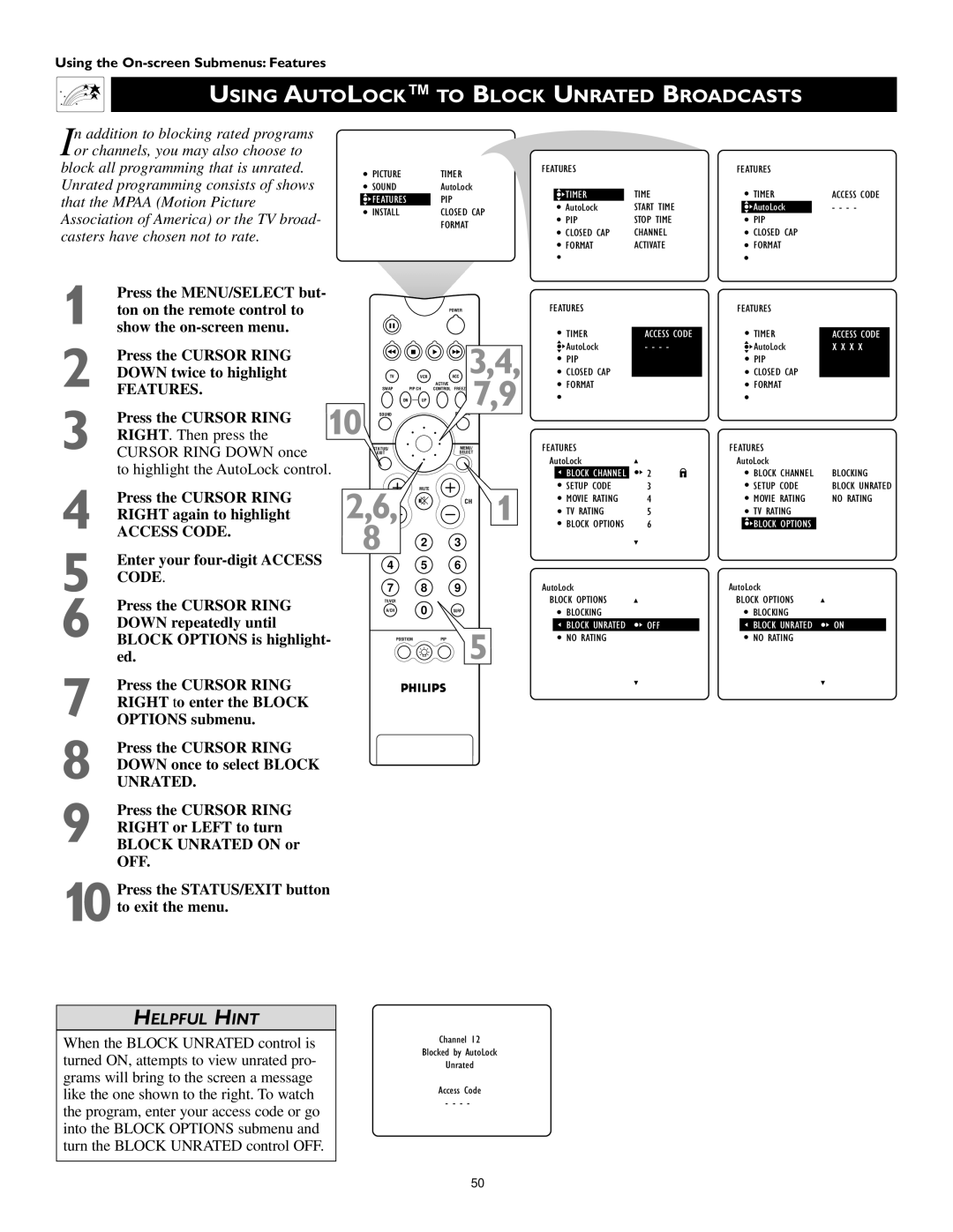 Philips 55PW9363, 60PW9363, 51PW9363 manual Using Autolock to Block Unrated Broadcasts 