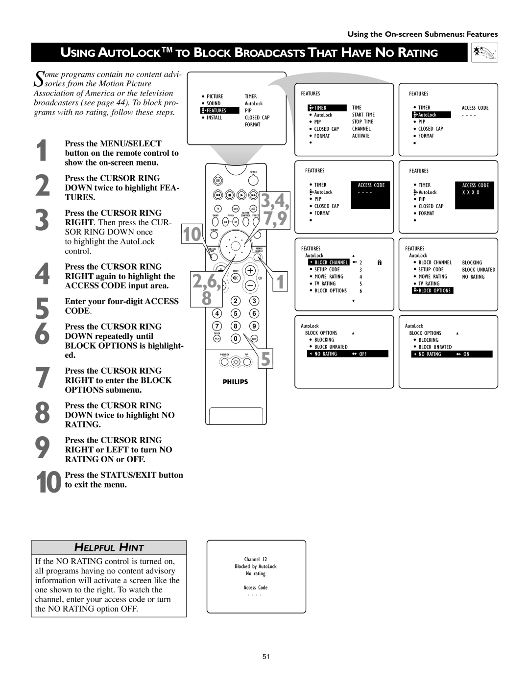 Philips 60PW9363, 51PW9363, 55PW9363 manual Using Autolock to Block Broadcasts That have no Rating 